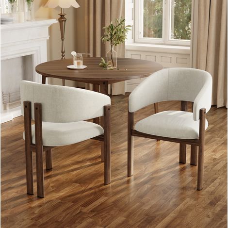 Lote de 2 sillas de comedor con brazos en lino beige y estructura metálica acabado nogal (1/5)