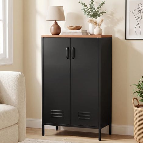 Buffet en métal avec 2 portes et une étagère réglable, pour le salon ou le bureau, noir (1/5)