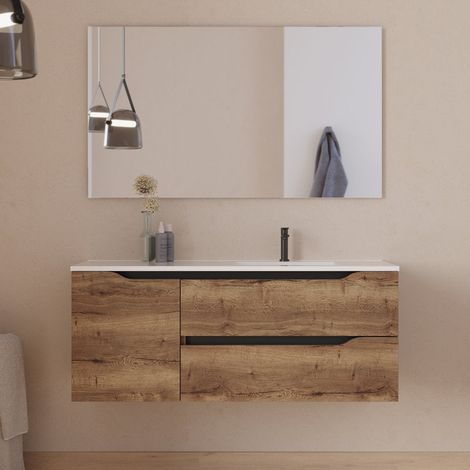 Meuble de salle de bain 120cm avec vasque déportée à droite et miroir - 2 tiroirs et un placard - tabaco (bois foncé) - ZARZA