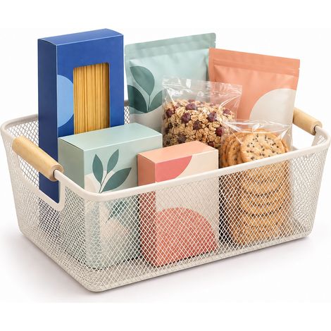 Relaxdays Wire Storage Basket with Handles, Square, Metal & Wood, for Various Utensils, HWD: 16.5 x 37 x 22.5, Cream (1/5)