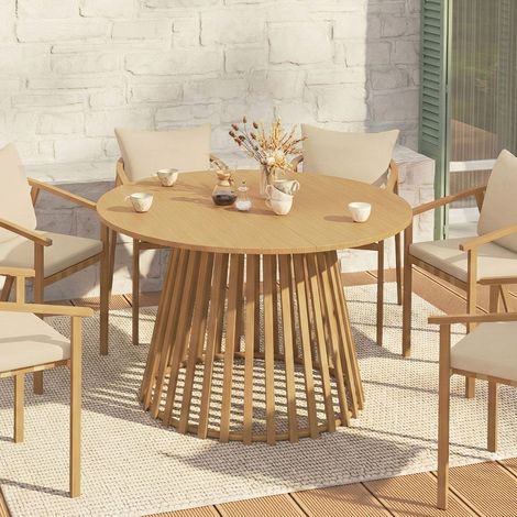 SOLAL Mesa de jardín redonda de 120 cm para 6 con base de listones de metal efecto madera