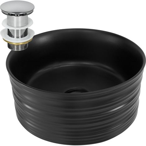 ML-Design Lavabo de Cerámica Negro Mate Ø 41x18 cm Fregadero Redondo de Pared o Sobre Encimera Pila de Diseño Moderno Lavamanos con Agujero de Grifo para Mueble de Baño y Aseo Incl. Juego de Desagüe