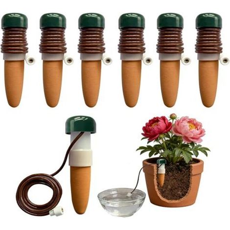 6 pièces arrosage automatique pour plantes d'intérieur, système goutte à goutte en céramique et plastique, bouteille d'irrigation pour plantes en pot (1/5)