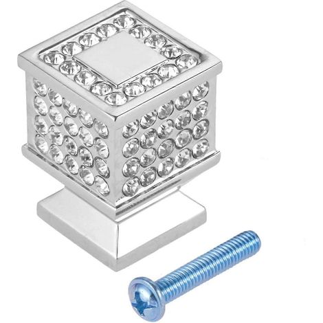 Poignée de porte cubique ornée de diamants, poignée de meuble pour tiroir de cuisine, poignée de meuble robuste en alliage de zinc (argent) (1 pièce) (1/5)