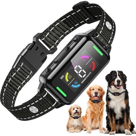Collier Anti Aboiement pour Chien, 4 Modes(Son/Vibration/Son + Vibration/Impulsion Électricité Statique) + 8 Niveaux Sensibilité, Réglable 23-56CM, IPX7 Étanche, pour Petit Moyen et Gros Chiens (1/5)