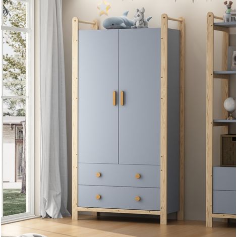 Ensemble dressing et étagère 90x44x180.5 cm + 70x44x180.5 cm bleu et bois naturel en bois massif et MDF avec tiroirs (1/5)