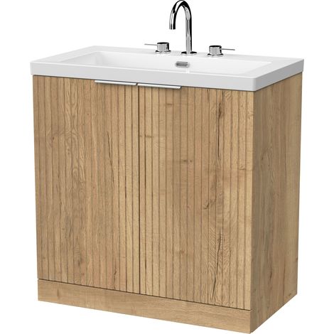 Callingwood Contemporary Floor Standing 2 Door Vanity Unit with 3 Tap Hole Fireclay Basin , 800mm, Autumn Oak (1/4)