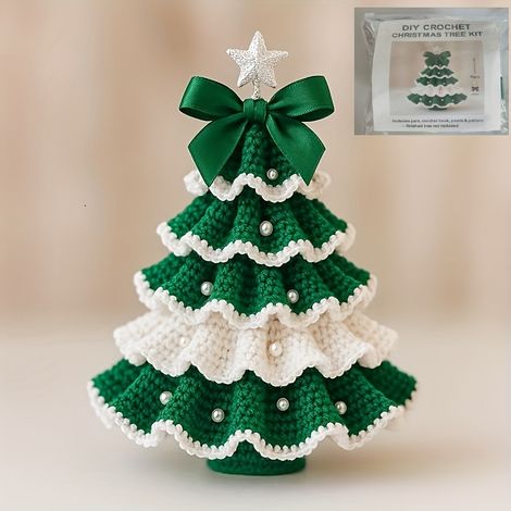 Kit de sapin de Noël au crochet - Ensemble de décorations de Noël faites à la main avec nœud rouge et vert, ornements en perles et décoration festive (1/5)