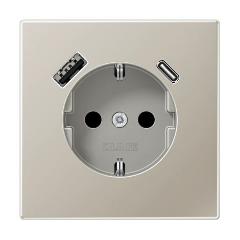 Jung SCHUKO®-Steckdose, 16 A 250 V , mit USB-Ladegerät, 1 x Typ A + 1 x Typ C, SAFETY+, Serie LS, Edelstahl ES 1520-15 CA