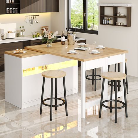 Mesa Bar Extensible con Almacenaje, 2 Puertas de Cristal, Giro 360° y LED, para Cocina, 120 x 40 x 71.5 cm (1/5)