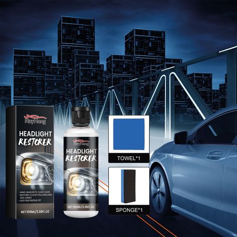 Polierflüssigkeit für Autoscheinwerfer, zur Reparatur von Kratzern, zur Restaurierung, Pflege, Aufhellung und Beschichtung von Autoscheinwerfern – 100 ml + Tuch + Schwamm -- DE (1/5)
