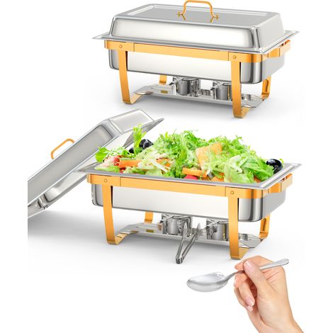 Chafing dish professionnel rectangulaire inox doré 8L/9,5L – Set de 2, chauffe-plat buffet, couvercle, support, cuillère, pince – Élégant, durable – 2 pièces