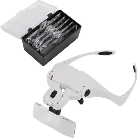 Loupe mains libres avec support pour lunettes, bandeau et 5 lentilles, 2 lampes frontales LED (1/5)