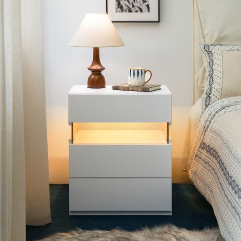 Comodini a LED, cassettiera a 3 cassetti per camera da letto, tavolino con piano in acrilico, comodini a LED per camera da letto, soggiorno, mobili da comodino (bianco) in loco (1/5)