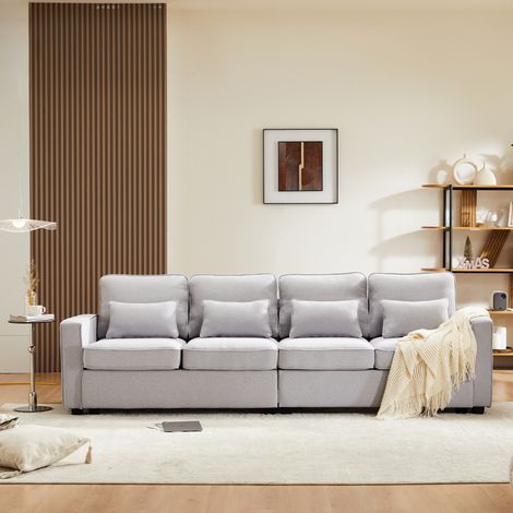 Divano 4 posti 264x83x87 cm grigio in lino con 4 cuscini lombari e tasche portaoggetti (1/5)