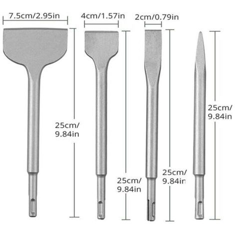 Ensemble de 4 burins à béton, ensemble de forets pour marteau perforateur, comprenant un burin pointu, un burin plat de 20 mm, 40 mm et 75 mm