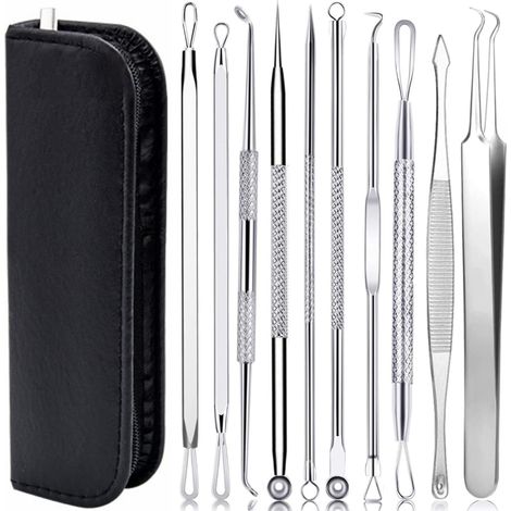Mitesserentferner Komedonenquetscher Set -10PCS Blackhead Remover mit Akne Pickel Pinzette Mitesser Entferner,Pickel Ausdrücken Werkzeug für Nasen-Gesichtspflege (Edelstahl) (1/5)