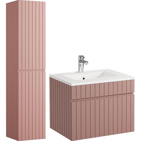 Mobile per bagno sospeso scanalato con lavabo da incasso e colonna - 60 cm - Rosa - SATARA