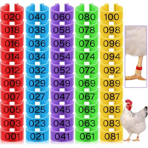 100 anneaux pour cuisses de poulet, 16 mm, 5 couleurs numérotées, adaptés à la volaille (canards, poussins, pigeons, oies, etc.) (1/4)