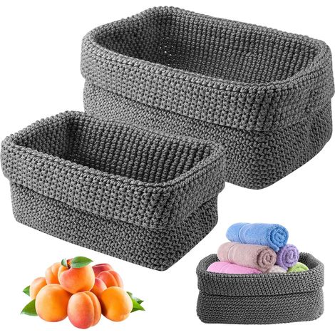 2 Stück Schminke Korb Grau, Stapelbare Häkelkorb, Regalkörbe für Handtücher Kosmetik, Badezimmer Aufbewahrungskorb(29x15x18.5cm, 21x13x15.5cm ) (1/5)