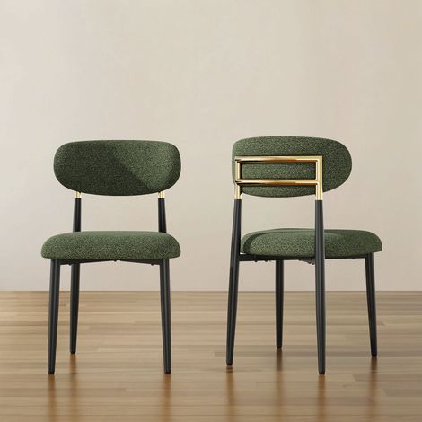 2er-Set gepolsterte Esszimmerstühle aus Stoff, abgerundete Rückenlehne mit goldfarbenem Rahmen, schwarze Metallbeine, modernes Design, Grün (1/5)