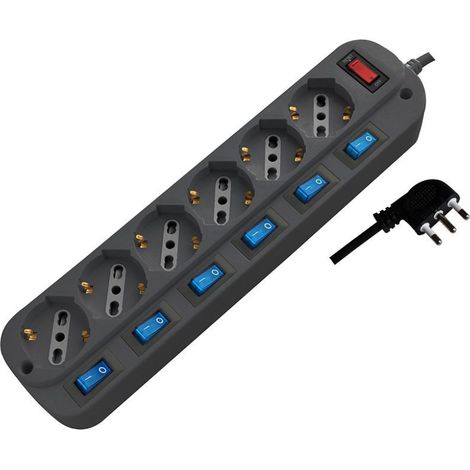 Regleta V-TAC 6 tomas Schuko 10/16A 6 interruptores 3500W Cable 1,5m Enchufe 16A