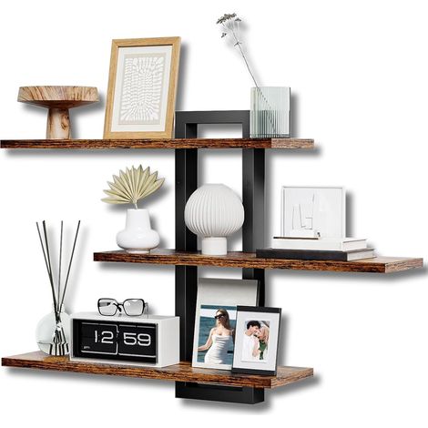 Étagère Murale Longue en Bois Étagère,Etagere Cuisine Murale,Flottante Ajustable 3 Niveaux 50 x 58 cm Organisateur Suspendu et Décoration pour Maison,Cuisine,Salon, Salle de Bain (1/5)