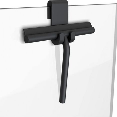Raclette de douche en silicone pour portes et fenêtres en verre, raclette de nettoyage de vitres, sans perçage, support inclus (noir, 21 cm) (1/4)
