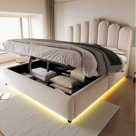 Lit coffre 140x200 cm velours beige LED et rangement, gain de place, sans matelas – MEUBLIV (1/5)