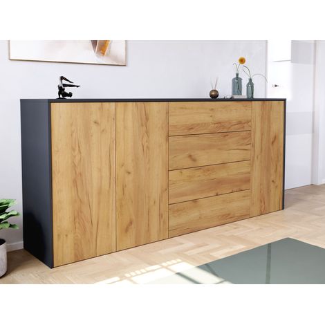 Sideboard Impulse 200cm 3 Türen 4 Pushauszüg Grafit Eiche (1/5)
