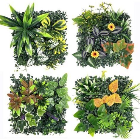 4 Panneaux Murs de Plantes Artificielles, 25X25cm, Décoration Murale en Gazon Synthétique, Panneau Végétal Synthétique, Mur Végétal Artificiel, pour Décoration Intérieure Extérieure (1/4)