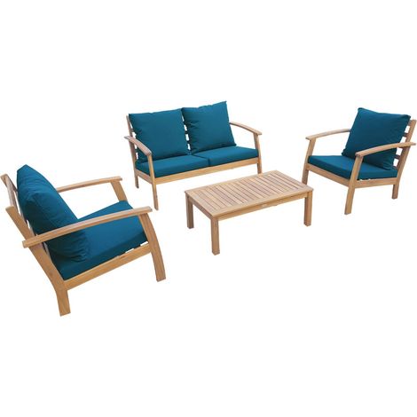 Salon de jardin en bois 4 places - Ushuaïa - Canapé. fauteuils et table basse en acacia. design Bois / Bleu canard (1/5)