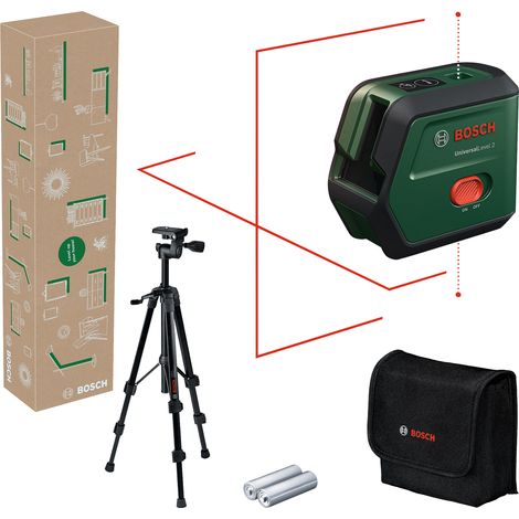 Bosch Kreuzlinienlaser UniversalLevel 2 mit Stativ (Laserkreuz inkl. integrierter Lotpunkte für präzises Ausrichten und einfache Übertragung von Referenzen, im E-Commerce Karton) (1/4)