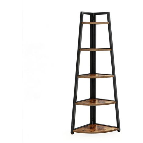 Scaffale angolare a 5 ripiani in metallo e legno, mobile contenitore nero e marrone (1/5)