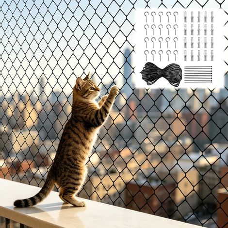 Katzensicherheitsnetz – 8 x 3 m – Schwarz – Verstärkt – Kein Bohren erforderlich – Inkl. Seil und Dübel – Zuschneidbar – Zur Sicherung von Fenstern, Terrassen und Balkonen (1/5)