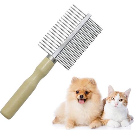 Peine de acero inoxidable de doble cara para perros y gatos con mango de madera para eliminar pulgas y nudos (1/5)