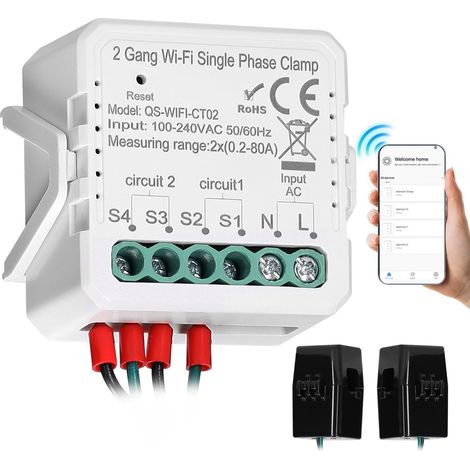 Compteur d'énergie photovoltaïque solaire bidirectionnel Tuya WiFi, monophasé, à pince, 80 A, à deux emplacements, contrôlable via une application mobile, avec transformateur de courant (1/5)