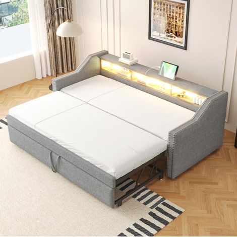 MEUBLIV Bettgestell 90/180x190 cm Hellgrau – ausziehbar, mit LED, USB, ohne Matratze (1/5)