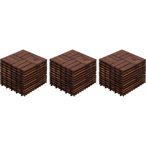 Dalles de terrasse emboîtables en bois d'acacia, motif à damier, 32 pièces, carrées de 30,5 cm x 30,5 cm, revêtement de sol extérieur en bois dur d'acacia brun pour patio, balcon, bord de piscine... (1/5)