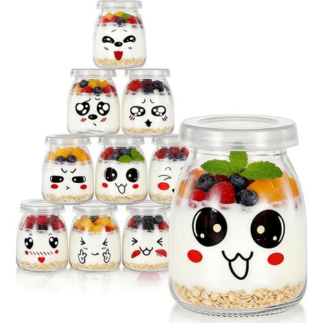 Pots à Yaourt en Verre avec Couvercle Motifs Visages Kawaii 100ml Lot de 10 (1/5)