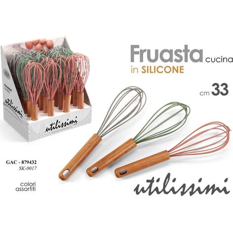1 Pezzo Frusta da Cucina in Silicone Manico in Bamboo 33 cm 3 Colori (1/2)