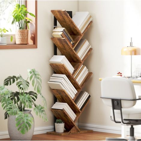 Estantería librería (50x24x136 cm), de 9 niveles, diseño en forma de árbol, estructura de madera, marrón rústico (1/5)