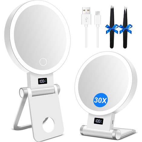 Miroir Maquillage Lumineux de Table, Double Face Grossissement 1X/30X avec Support Pliable, 3 Modes d'Éclairage, Indicateur de Niveau de Batterie, pour Voyage, Bureau, Maison (1/5)