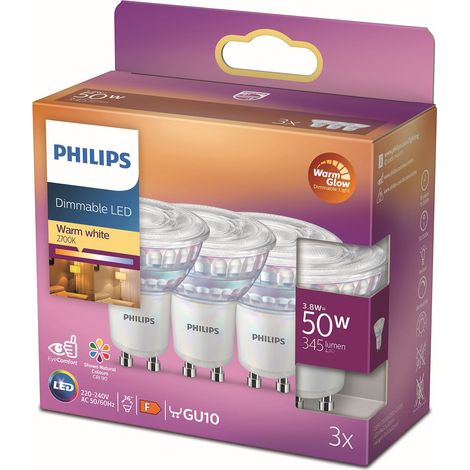Philips LED WarmGlow Foco GU10 50W Regulable Luz blanca cálida - 3 unidades (1/5)