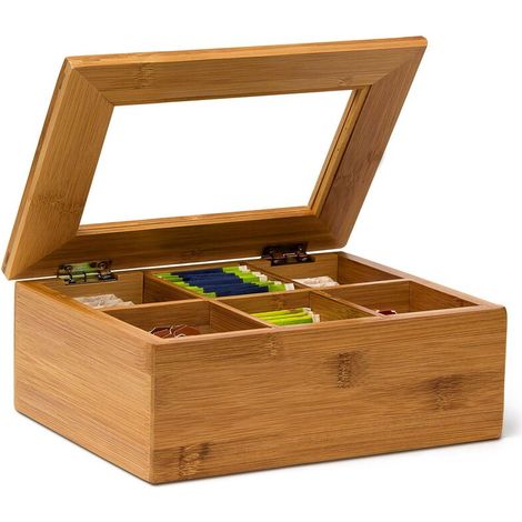 Teebox aus Bambus mit sechs Fächern, geeignet zur Aufbewahrung von Teebeuteln, mit Sichtfenster, Maße: H x B x T: 9 x 22 x 16 cm, Naturholzfarbe.