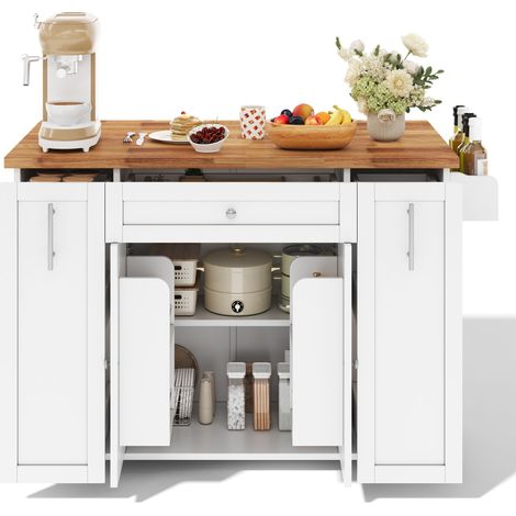 Îlot central cuisine mobile avec plateau rabattable, blanc et bois naturel, roulettes verrouillables, 120 × 45 à 70 × 87 cm (1/5)