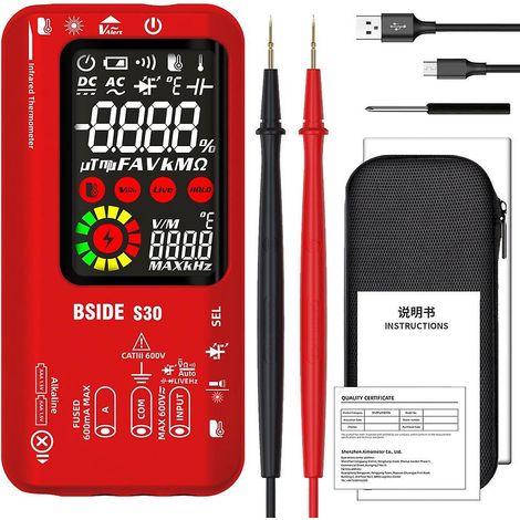 BSIDE 4-in-1 Digitalmultimeter, Infrarot-Thermometer, elektrischer Teststift, Schaltungsanalysator, Detektor, 3,5 Zoll, Rot