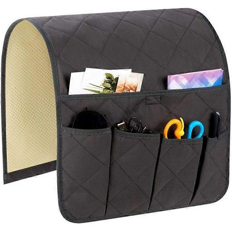 Sac de rangement pour accoudoir de canapé avec de multiples poches, dont une poche latérale pour ranger des objets comme des télécommandes, des magazines et des téléphones portables. (1/5)