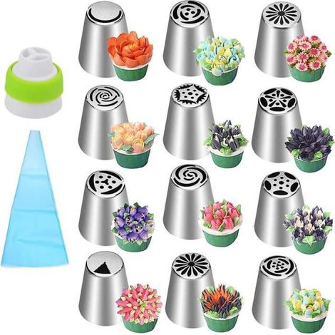 Douille À Pâtisserie - Acier Inoxydable - 12 Pièces - Pour Gâteaux Cupcakes Décoration - Kit Professionnel (1/4)