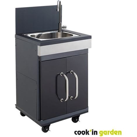Cook'In Garden – Évier inox FIDGI 60x57x114cm – Structure métal – Système de rangement avec portes – Roues multidirectionnelles